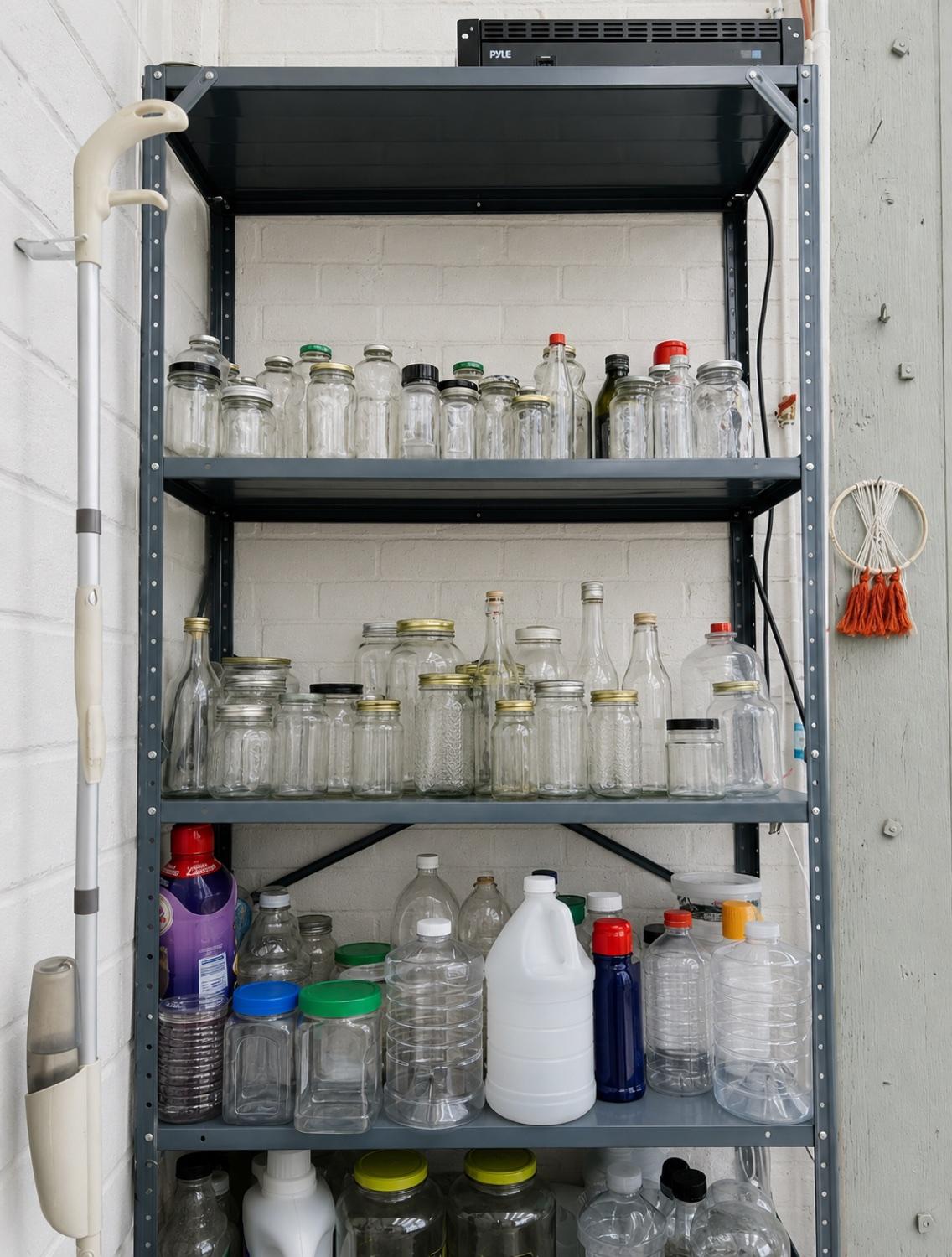 Four shelves of donated jars and bottles at the shop — mason jars, sauce jars, juice bottles and a detergent jug, washed and free for customers to fill